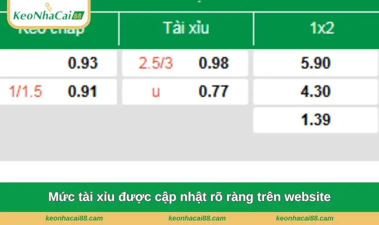 Mức tài xỉu được cập nhật rõ ràng trên website